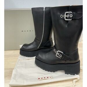 MARNI Size 37 Black Soft Calf Leather Biker Mid-Calf Boots Inner Zip -New w/ Box